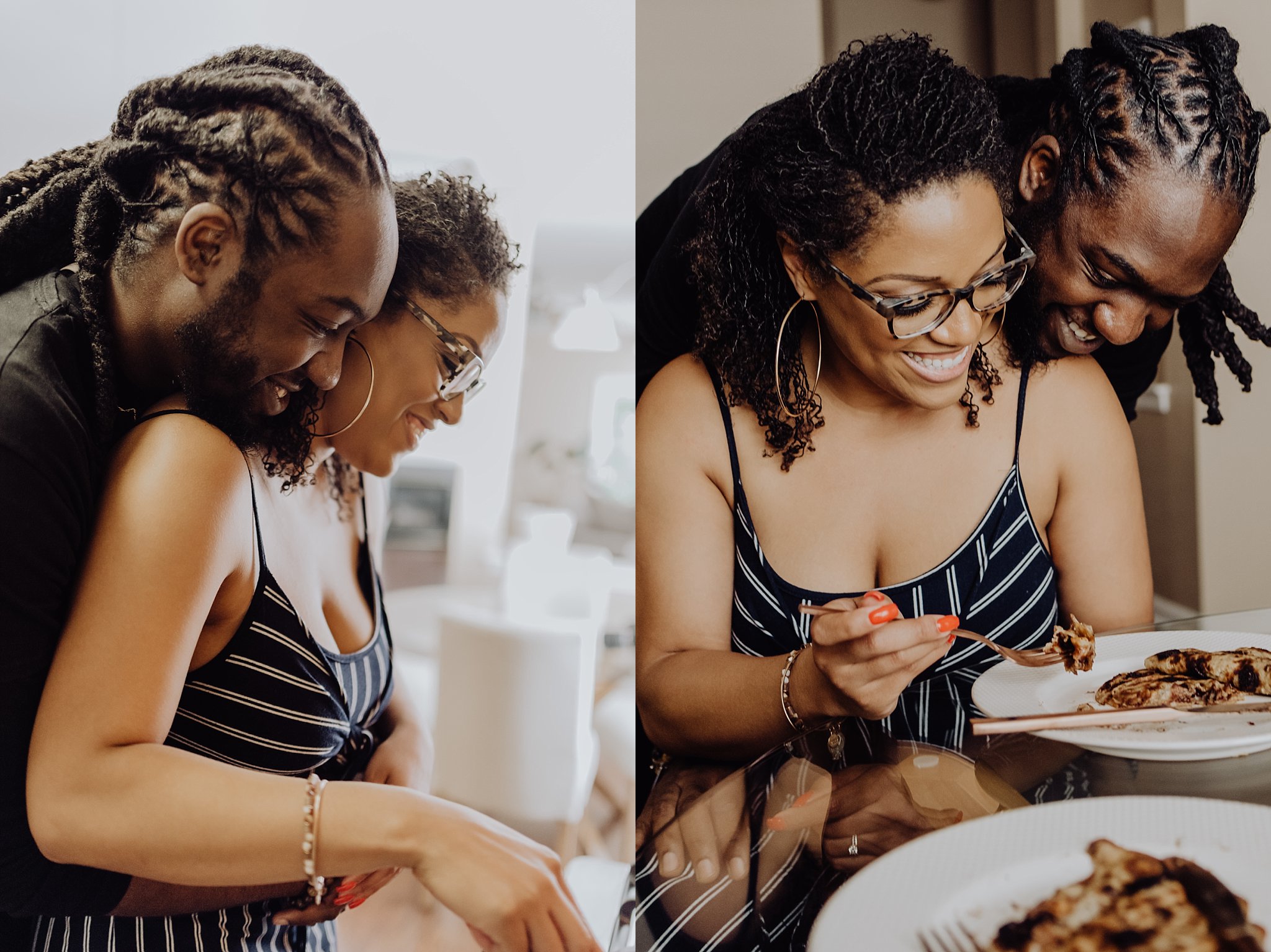 man and woman cooking and eating pancakes together while having fun and cuddling in their nashville in home couples portrait session