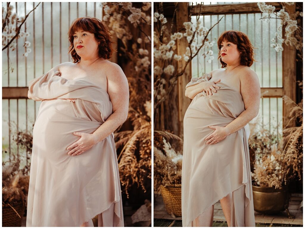 goddess like maternity portraits in a greenhouse in nashville, tn