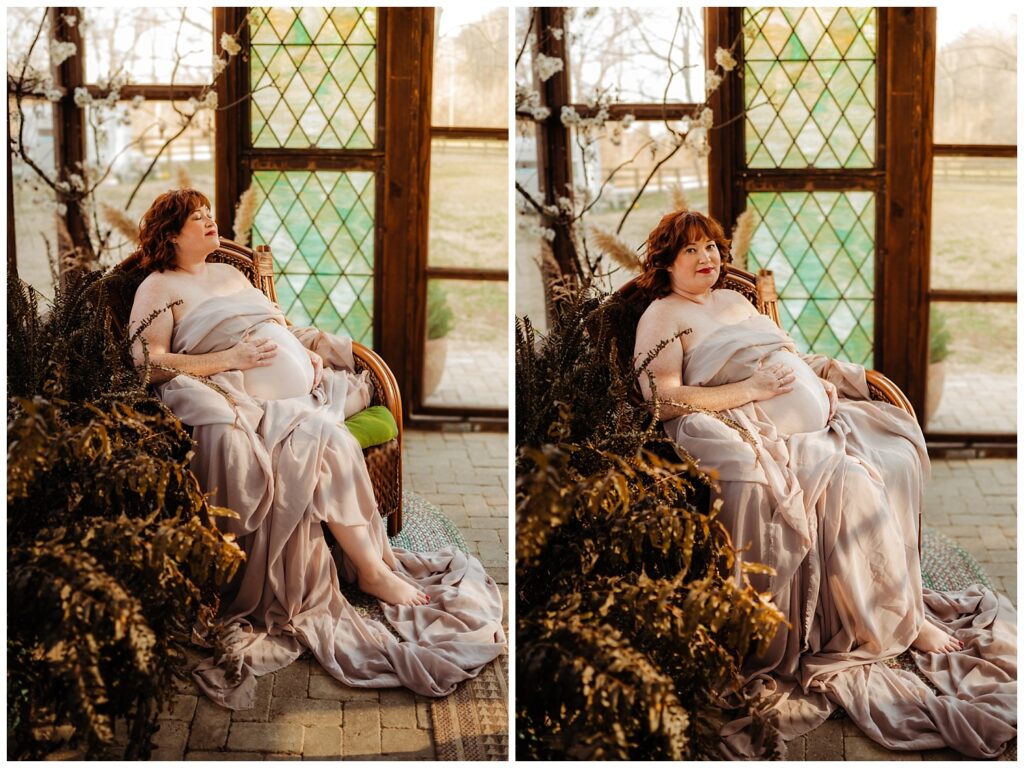 goddess like fine art maternity portrait in a greenhouse in nashville tn