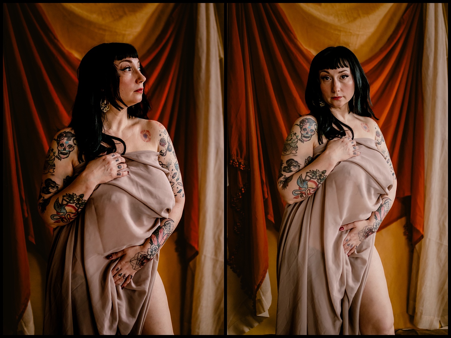 Two side-by-side portraits of a woman with black hair and tattoos, wrapped in a beige sheet, exude a classical charm against a draped brown and beige fabric background. Sporting a wet look, she gazes to the side in the first image and directly at the camera in the second.