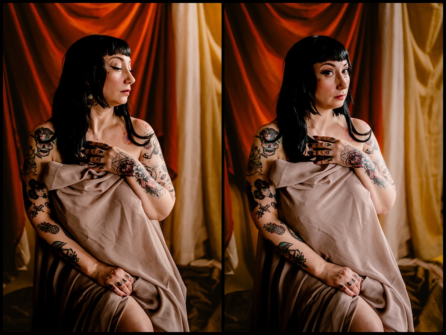 A woman with tattoos poses in front of a draped, multicolored fabric backdrop. Embracing a wet look, she covers herself with a beige cloth, appearing contemplative in the left image and looking directly at the camera with classical poise in the right image.