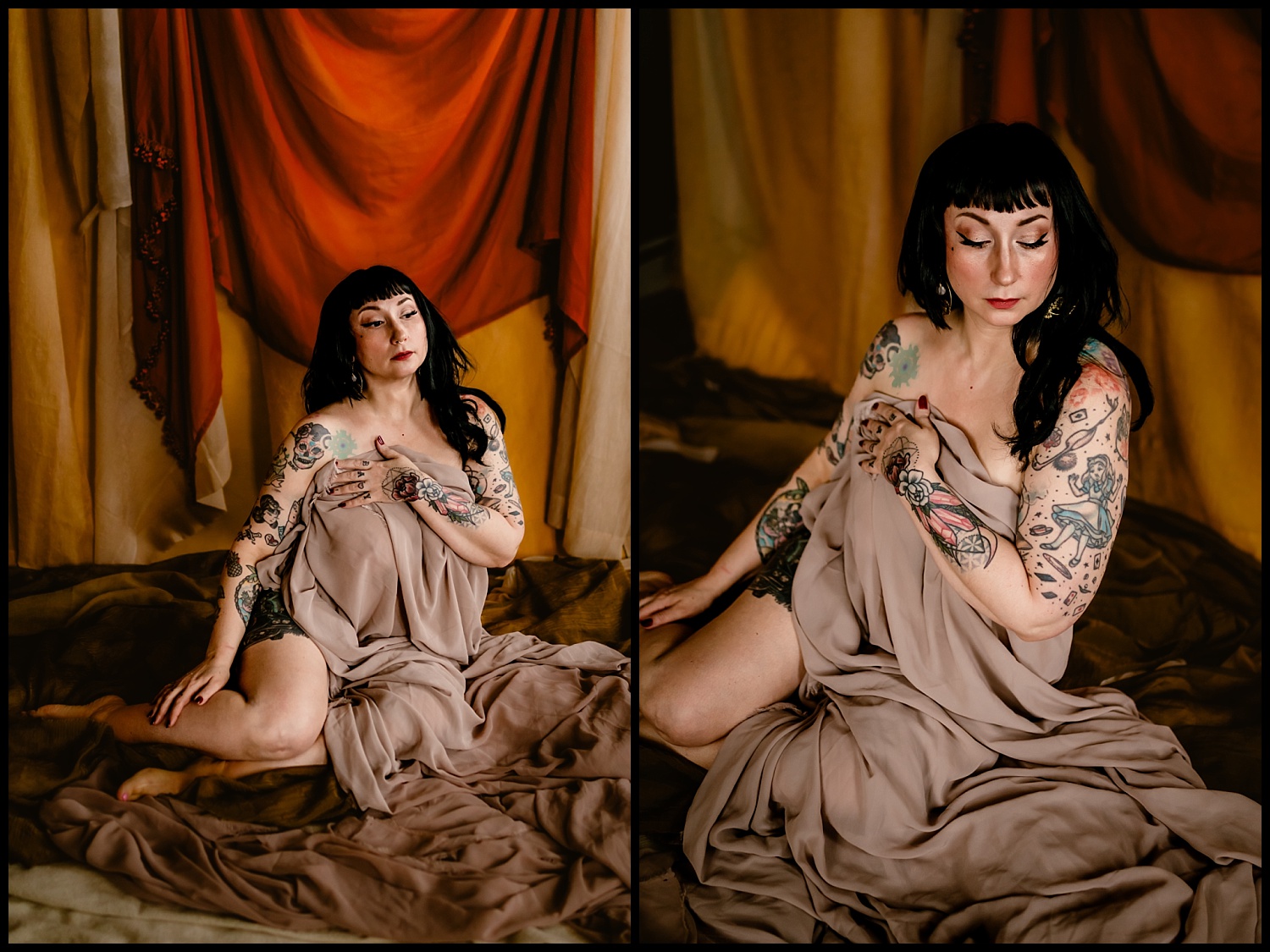 A woman with dark hair sits on the floor, draped in a flowing beige fabric with a classical elegance. Her tattooed arms and legs add contrast against the warm-toned fabrics. In the right image, her eyes are closed in contemplation, enhancing the scenes serene wet look ambiance.