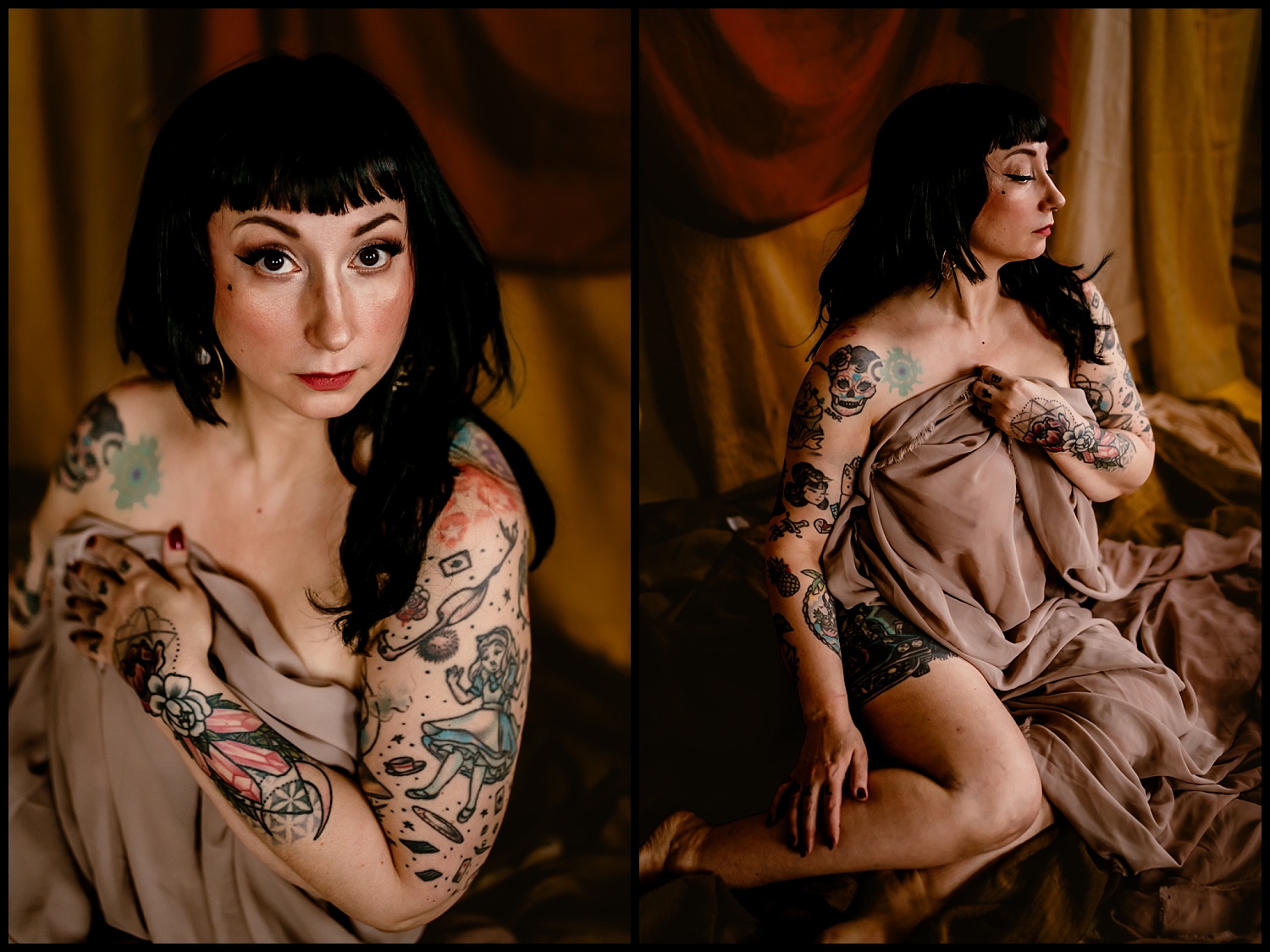 Two photos of a person with dark hair and tattoos wrapped in sheer fabric. In the first image, they take on a direct gaze. In the second, they pose slightly turned away with a classical elegance. Both images have a warm, soft background.