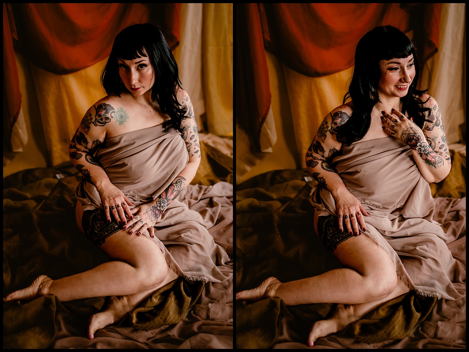 A person with dark hair and tattoos, emanating a classical aura, is seated on draped fabric, wrapped in a light, sheer cloth. The warm-toned background, featuring various hanging fabrics, complements their relaxed and contemplative expression with a wet look finish.