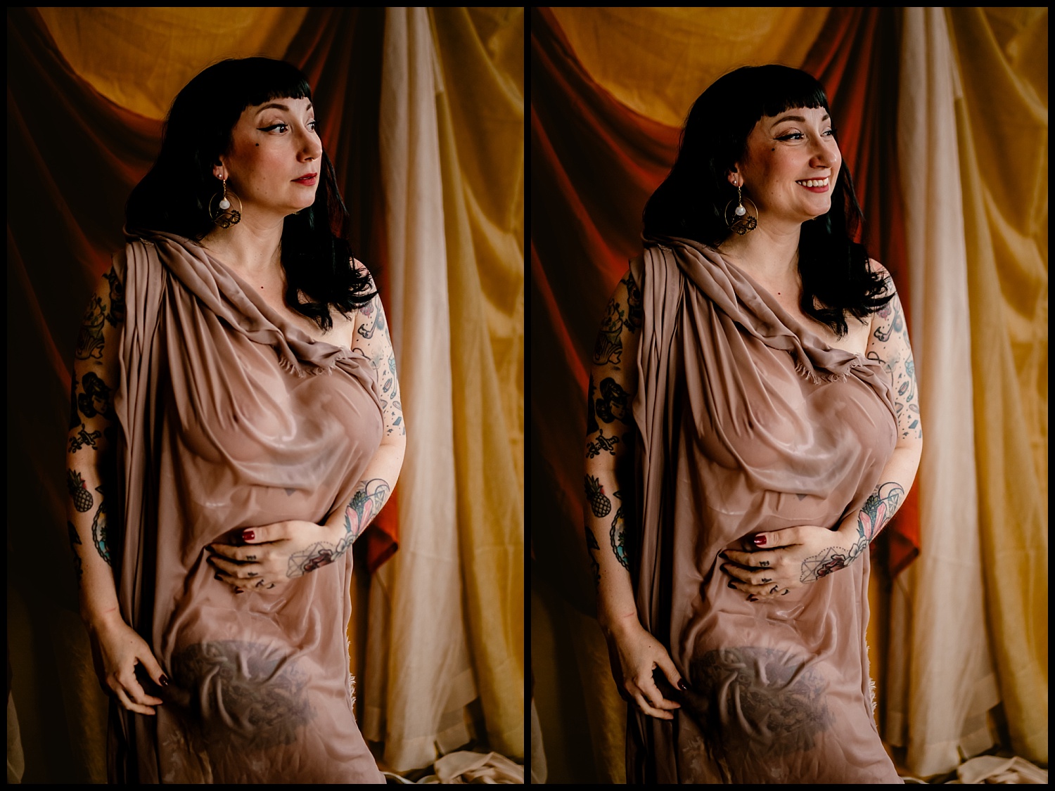 A woman stands in front of draped fabric, wearing a flowing, sheer dress with a wet look. Her dark hair cascades gracefully over her shoulders, complementing the visible tattoos on her arms. In the first photo, she looks to the side with a calm expression; in the second, she smiles while gazing sideways.