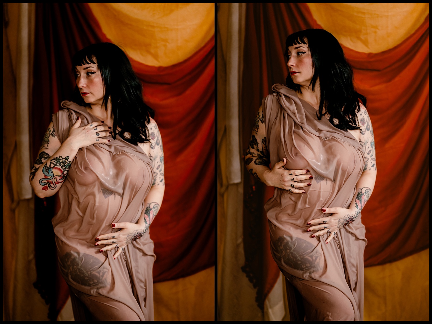 A woman with dark hair and a wet look stands draped in a sheer, brown fabric, revealing tattoos on her arms. She poses thoughtfully against a backdrop of layered red and yellow fabric. Her expression is calm and contemplative.