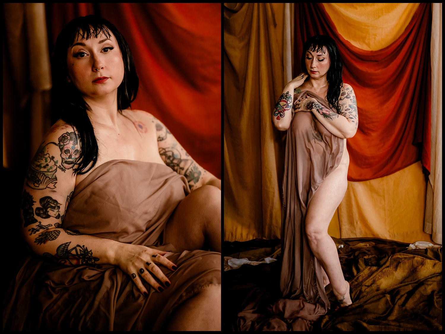 A person with tattoos poses classically against a backdrop of draped fabric in warm colors. On the left, they sit with a brown cloth wrapped around them. On the right, they stand with a wet look finish, partially covered by the fabric, gazing thoughtfully to the side.