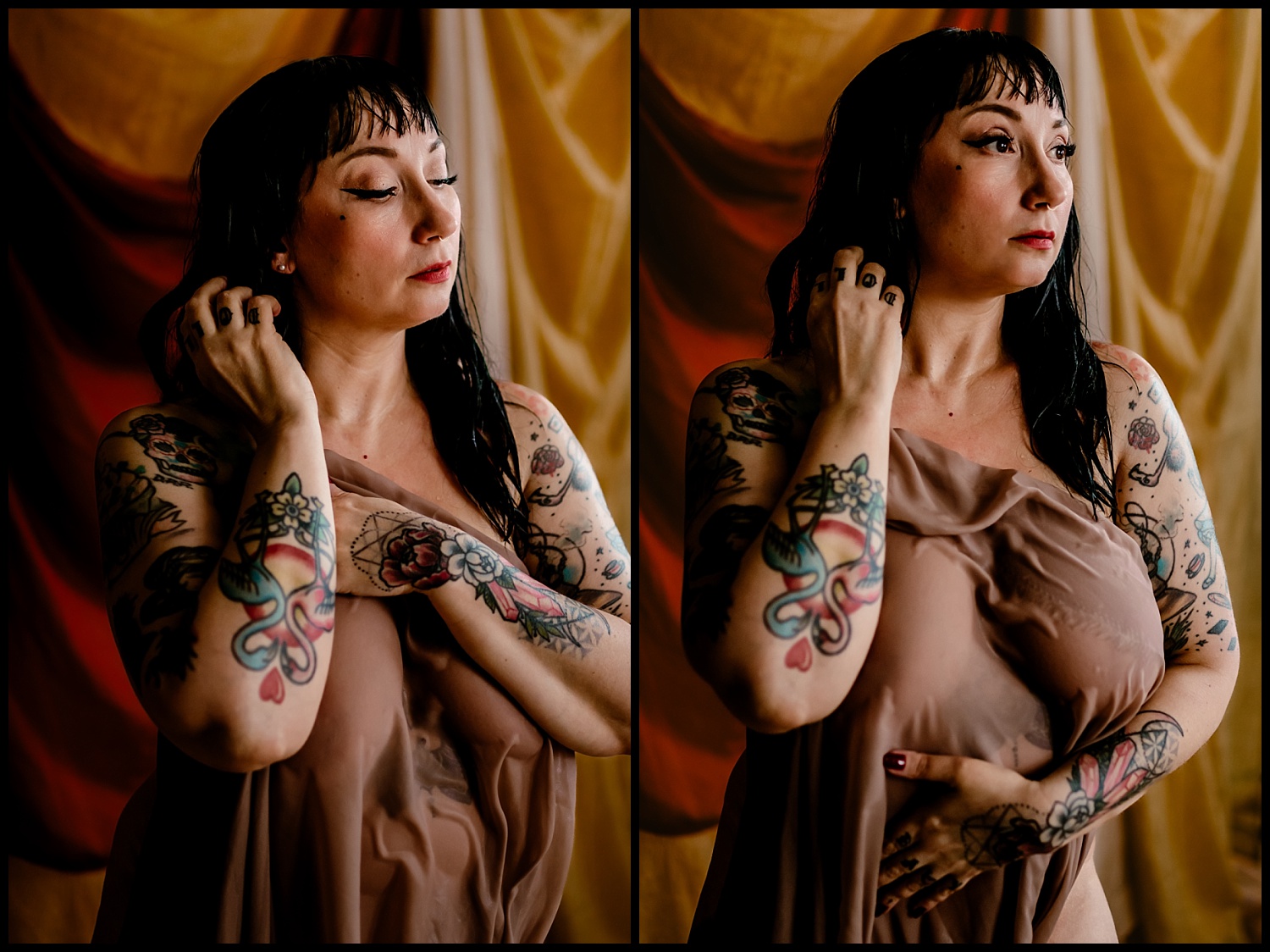 A tattooed woman, exuding a classical grace, stands before a draped backdrop with a brown cloth draped over her. Her expression is calm and reflective. The split image captures her adjusting her hair, adding an elegant touch to the wet look as she gazes thoughtfully to the side.