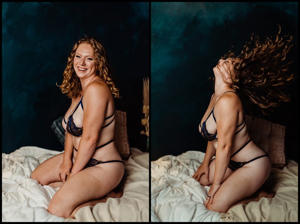A woman with curly hair sits on a bed in dark lingerie, smiling in the left photo and tossing her hair back in the right—capturing the deeper magic of a boudoir session against a dark background and light-colored bedding.