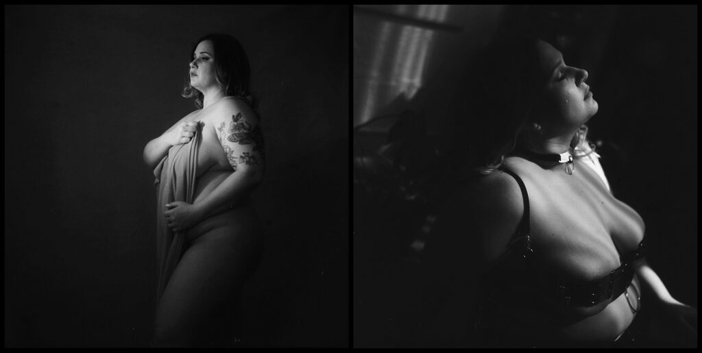 Black and white diptych of a woman. Left: she stands, partially nude, covering herself with fabric, revealing tattoos. Right: she sits in lingerie, eyes closed, head tilted back—a boudoir session that captures deeper magic in every detail.