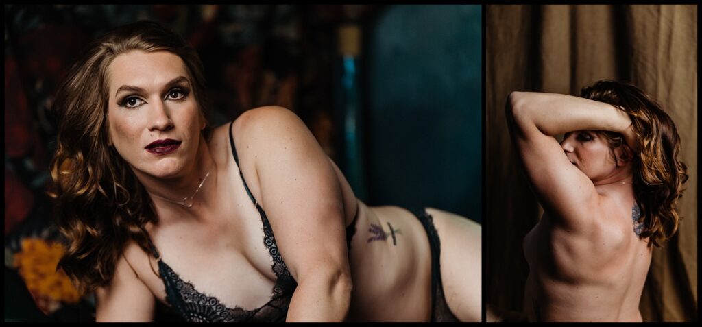 A person with long brown hair poses confidently in spicy photos—a boudoir session on the left in lingerie, and on the right with a bare back, arm raised. They have dark lipstick, tattoos, and dramatic, expressive lighting hinting at deeper magic.