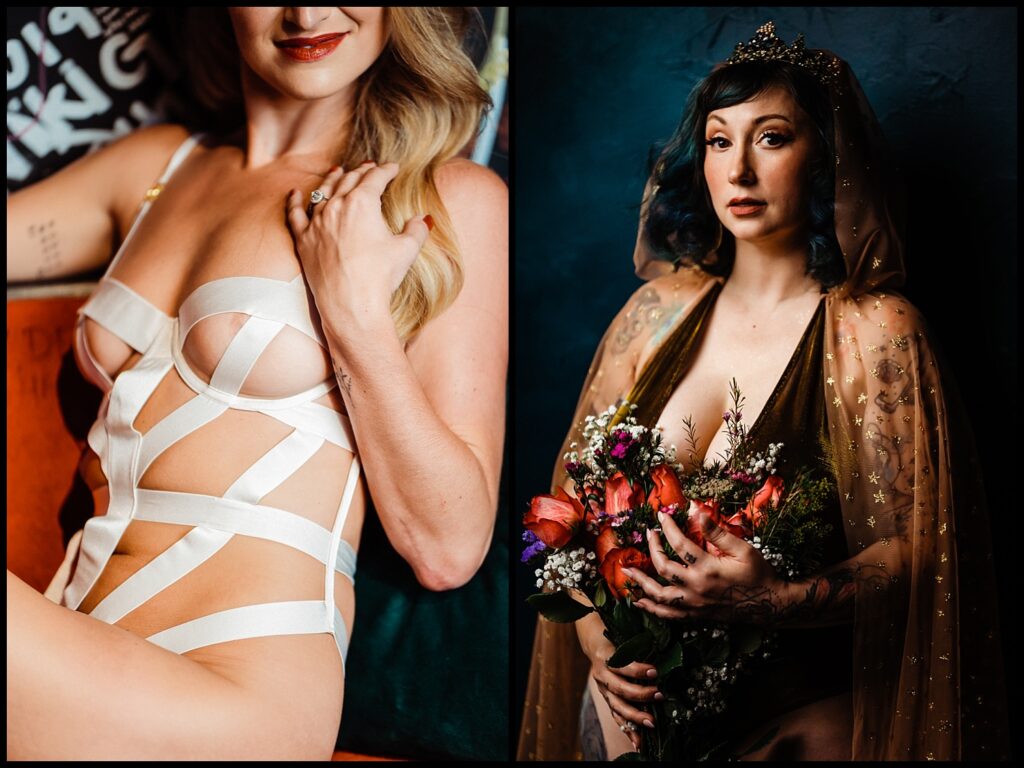 Split image: Left side shows a woman in white strappy lingerie, partially cropped for a boudoir session. Right side features a woman in a sheer gold star cape, holding flowers against a dark background, evoking deeper magic.