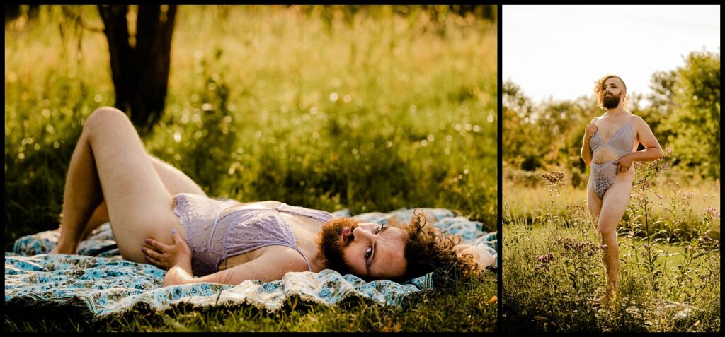 A bearded person with curly hair poses outdoors in a lavender lace bodysuit during a boudoir session. In one image, they lie on a patterned blanket in the grass; in the other, they stand confidently among wildflowers.