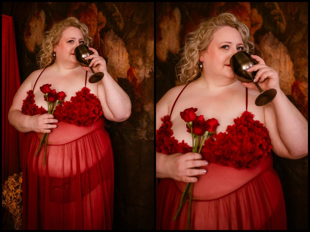 A woman with curly blonde hair, wearing a sheer red dress adorned with red flowers, embodies a Renaissance dream. She holds a bouquet of red roses, sipping from a metallic goblet in one image and posing elegantly in the other against a dark floral backdrop.