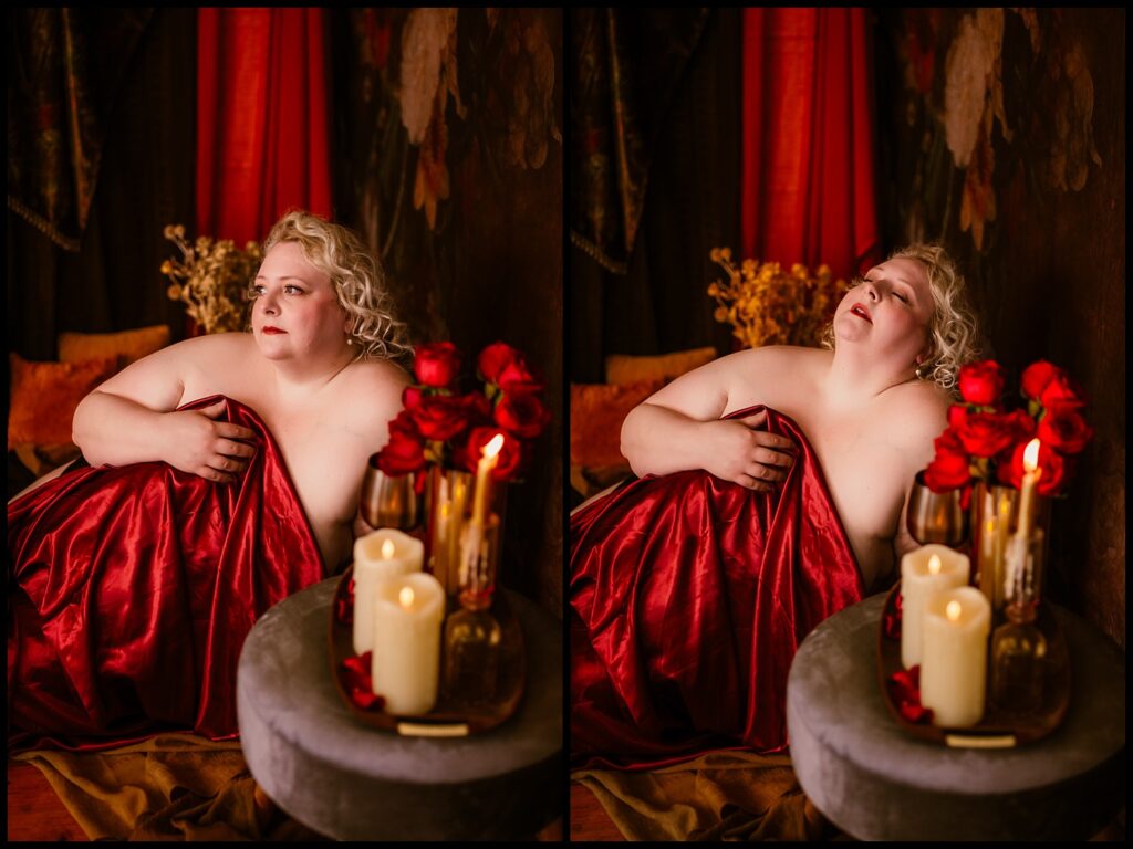 A person with curly hair poses in a boudoir setting, surrounded by a rich red satin sheet, flickering candles, and lush red roses. The warm, intimate scene evokes a Renaissance dream with its dark, plush backdrop and soft lighting creating a cozy atmosphere.