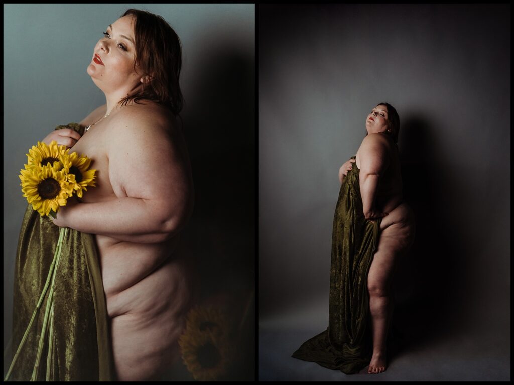 A plus-size person poses nude in two spicy photos, holding yellow sunflowers in one and draped in a green cloth in the other, both set against a neutral studio backdrop.