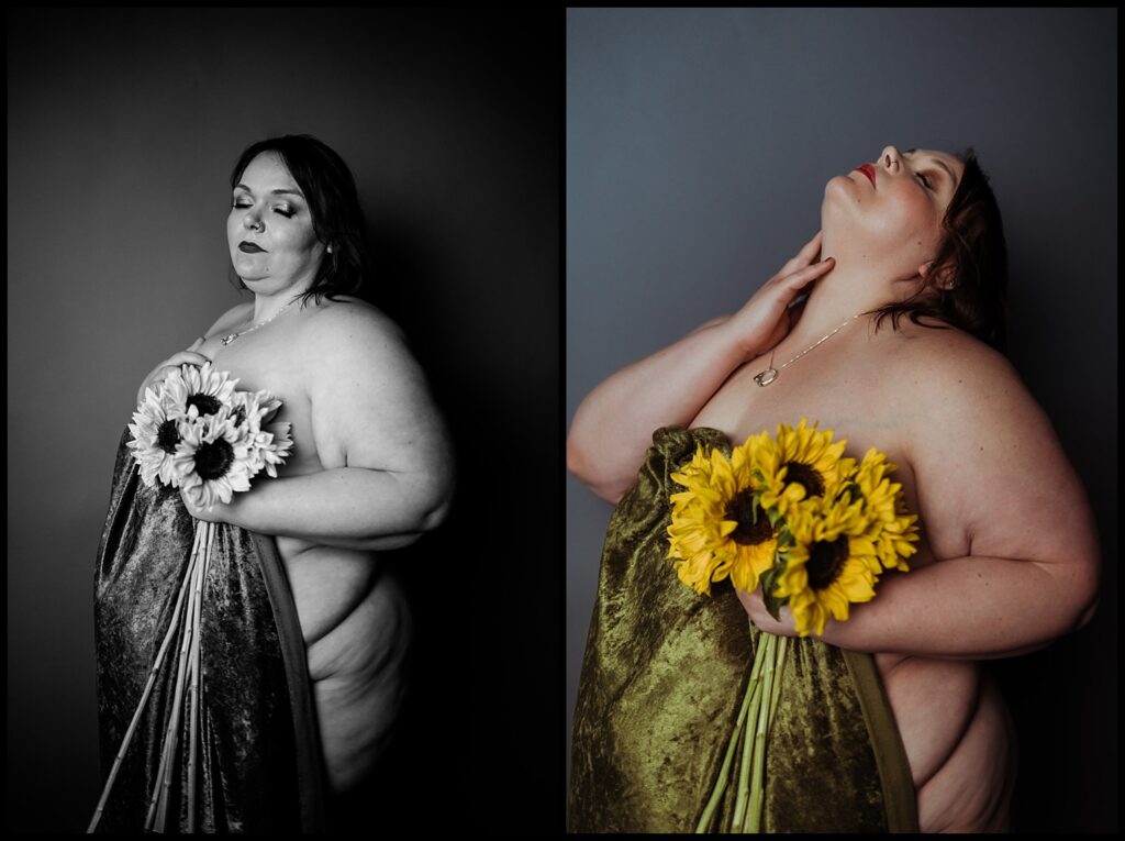 Two portraits of a woman draped in velvet, holding sunflowers: a black and white shot with her gaze cast down, and a color image with her head tilted back. This boudoir session captures the deeper magic of intimate, expressive moments.