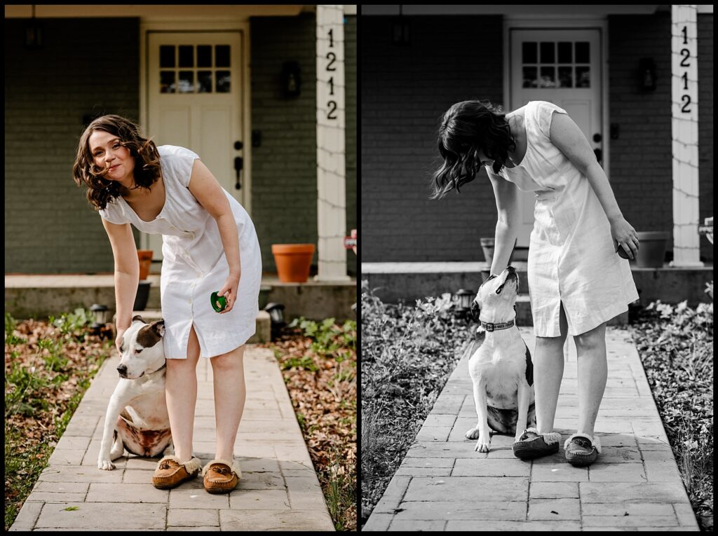 Jess and Chriss home glows with charm as a woman in a white dress stands on the walkway, petting a white dog with brown spots. The image is split: left side in color, right in black and white. House number 1212 is visible.