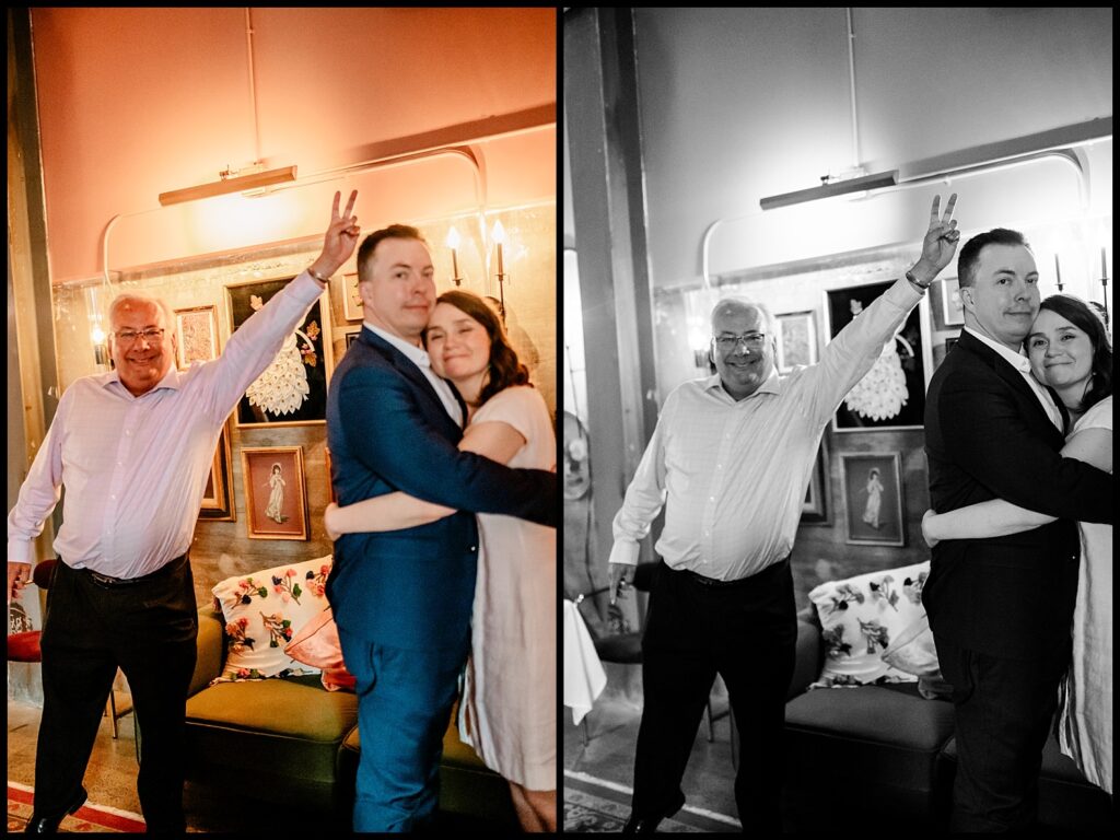 Jess and Chris hug for a photo as a smiling older man in glasses stands behind them, playfully making a peace sign above Chriss head. The image is shown in both color and black and white.