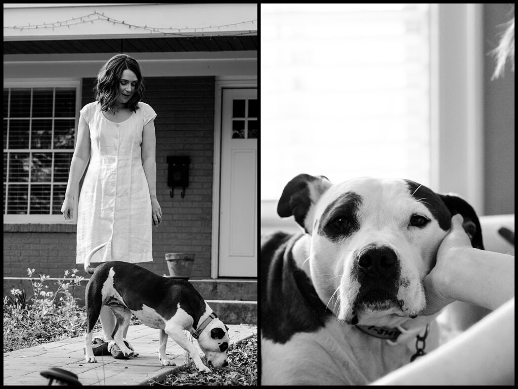 A black-and-white diptych: On the left, Jess stands on a porch in a light dress while her dog sniffs the ground; on the right, a close-up of the dog resting its head on Chriss hand indoors.
