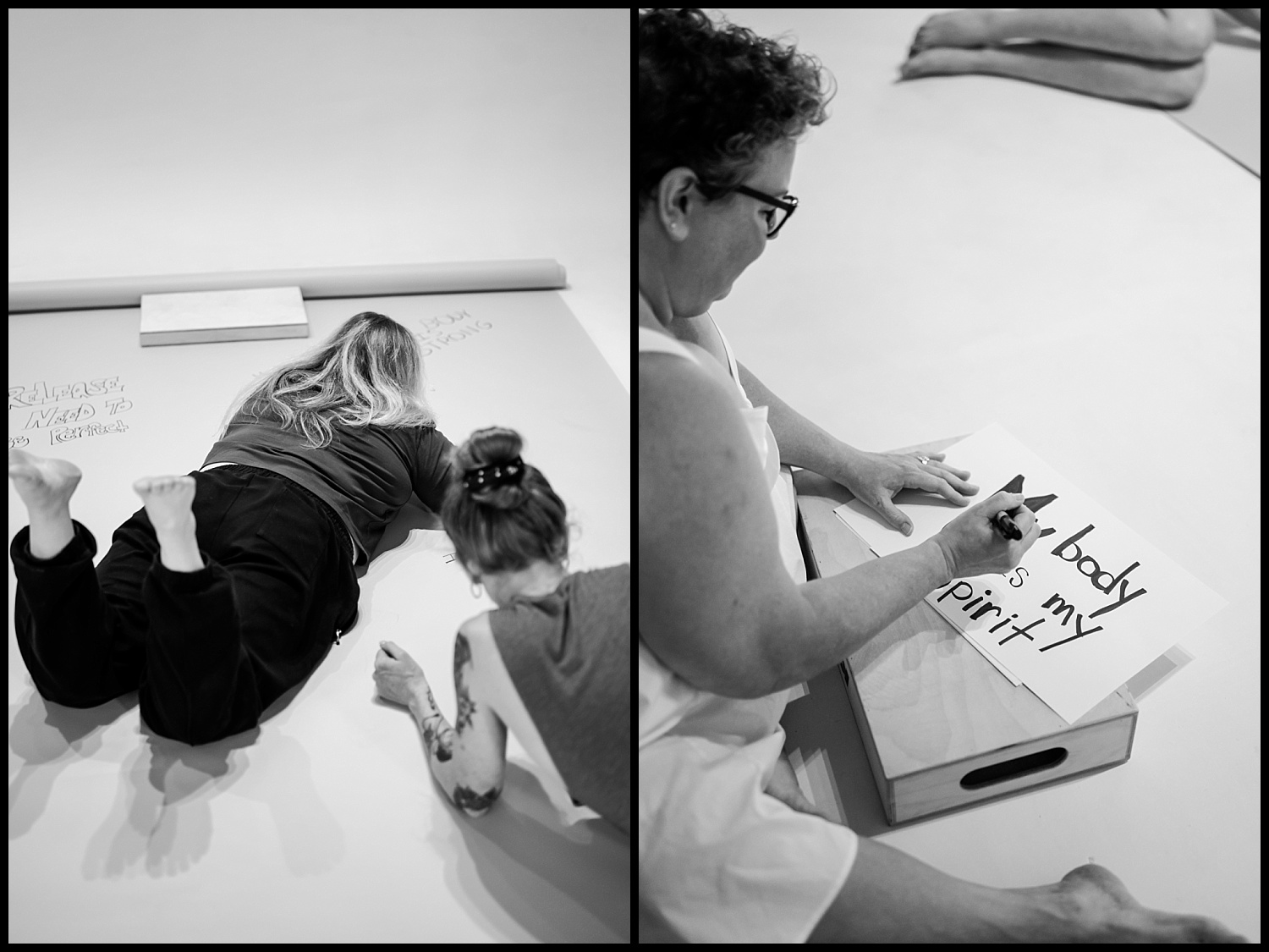A black-and-white split image: On the left, two people lie on the floor writing on large paper. On the right, a person seated at a table writes My body is my spirit on a sign—embracing self-love and body acceptance.