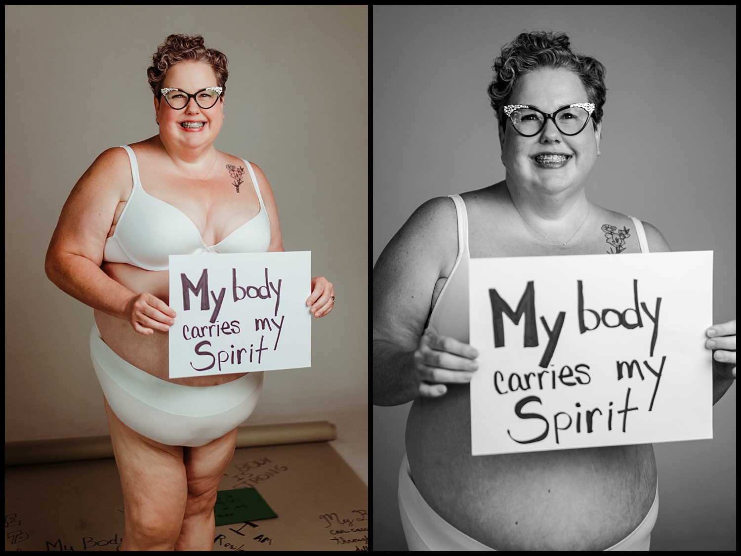 A smiling person with short curly hair and glasses stands in underwear, holding a sign that reads My body carries my spirit—a powerful moment of self-love. The image appears in both color and black and white side by side.