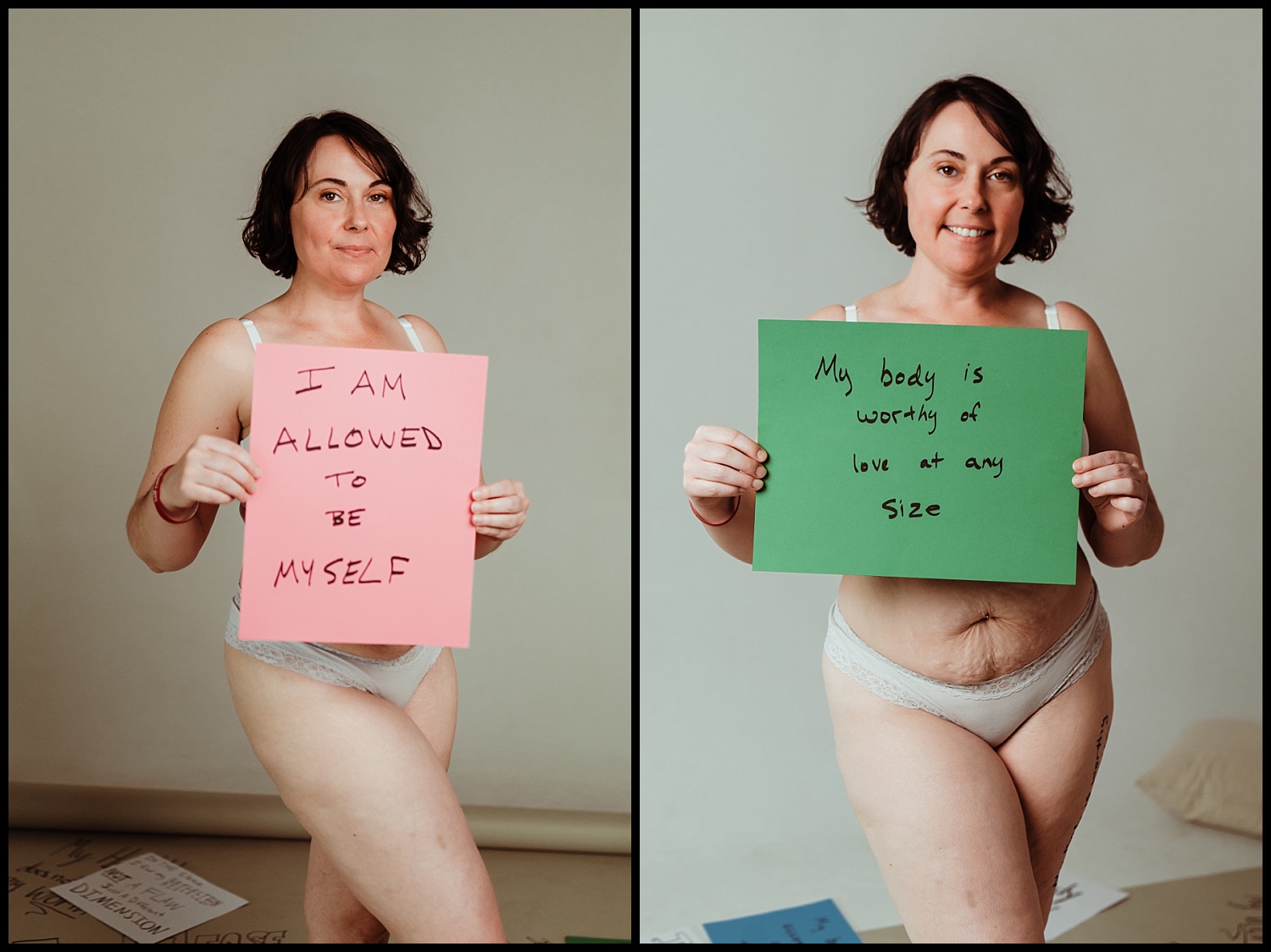 A woman in underwear stands holding signs. The first reads, I AM ALLOWED TO BE MYSELF. The second says, My body is worthy of love at any size. She smiles confidently in this empowerment shoot celebrating self-love.