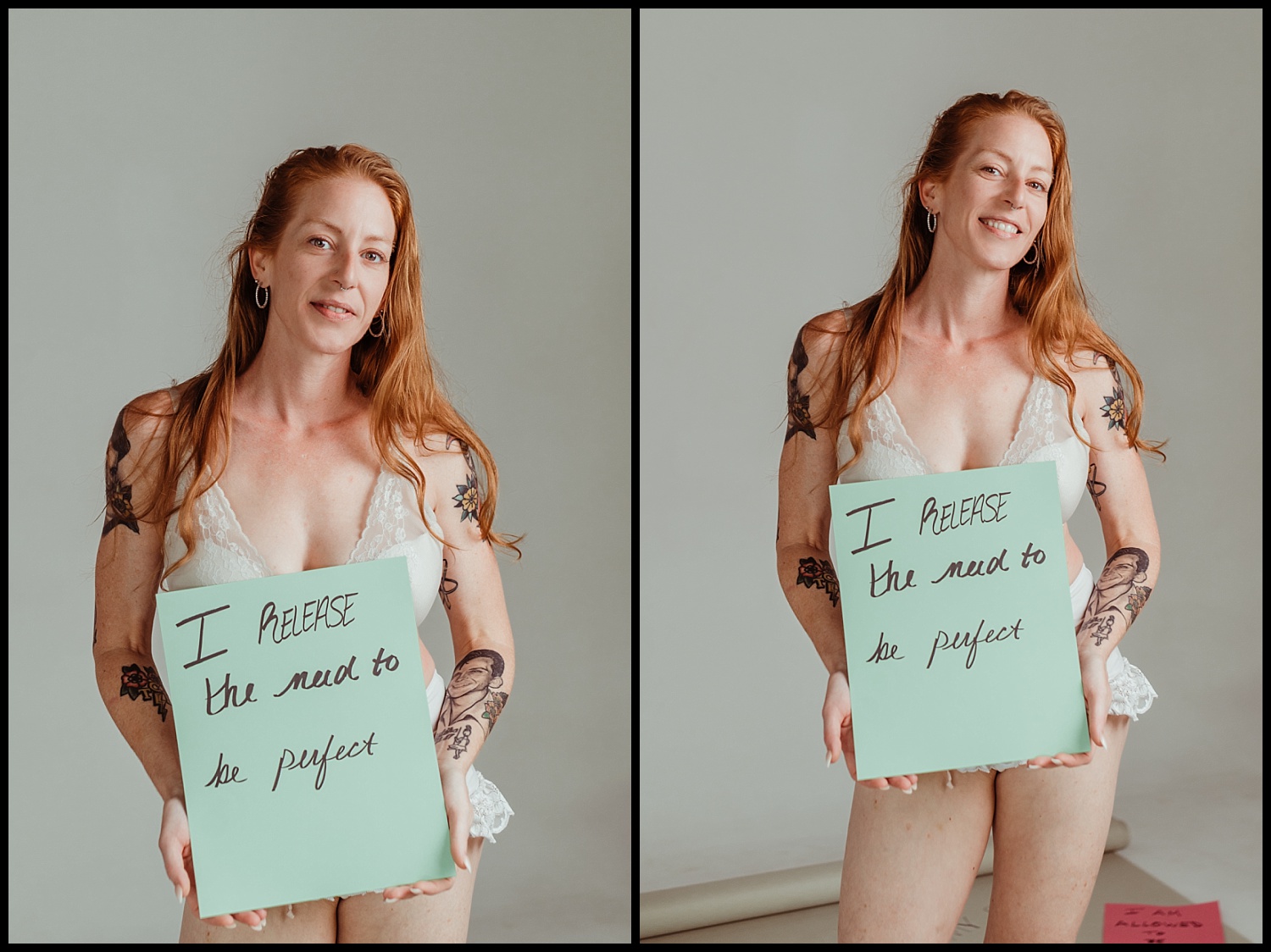A woman with long red hair in white lingerie holds a sign that reads, “I release the need to be perfect,” and smiles confidently. The image is split into two similar side-by-side portraits, capturing her self-love in this Nashville Boudoir empowerment shoot.