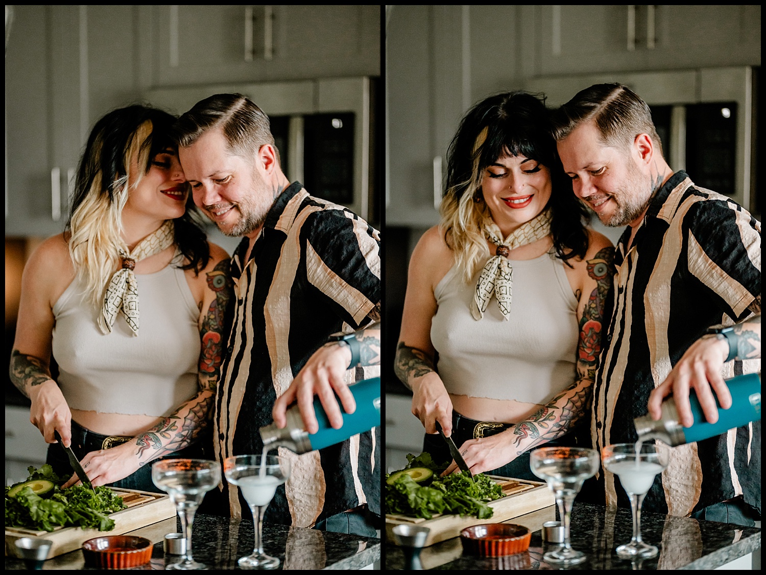 A smiling couple stands in their Nashville kitchen during an in-home couples session; the woman chops vegetables and leans affectionately toward the man as he pours a drink. Both look happy and relaxed, surrounded by kitchen items and drinks on the counter.