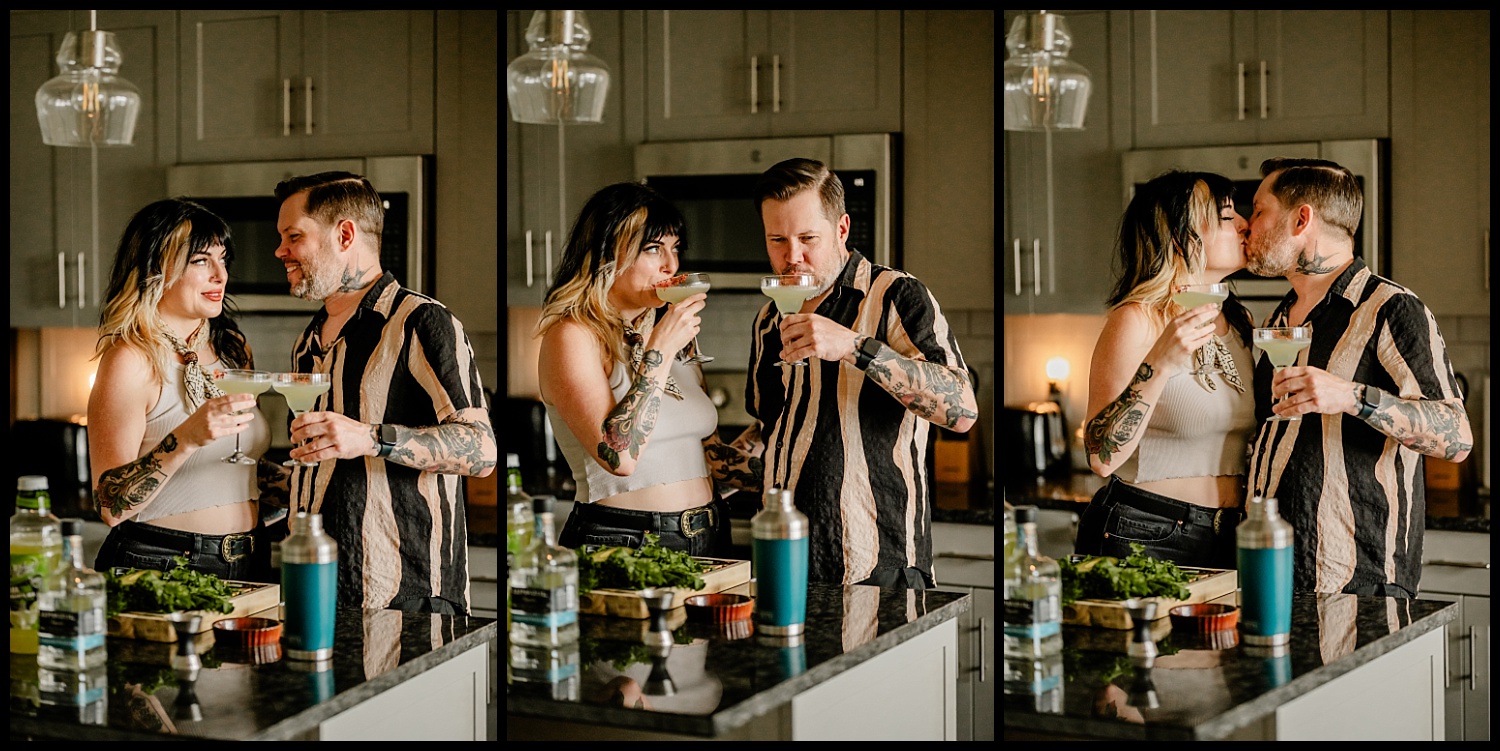 A couple with tattoos stands in their Nashville kitchen, smiling and drinking cocktails. In the final panel, they kiss while holding their drinks, surrounded by tacos and cocktail ingredients on the counter.