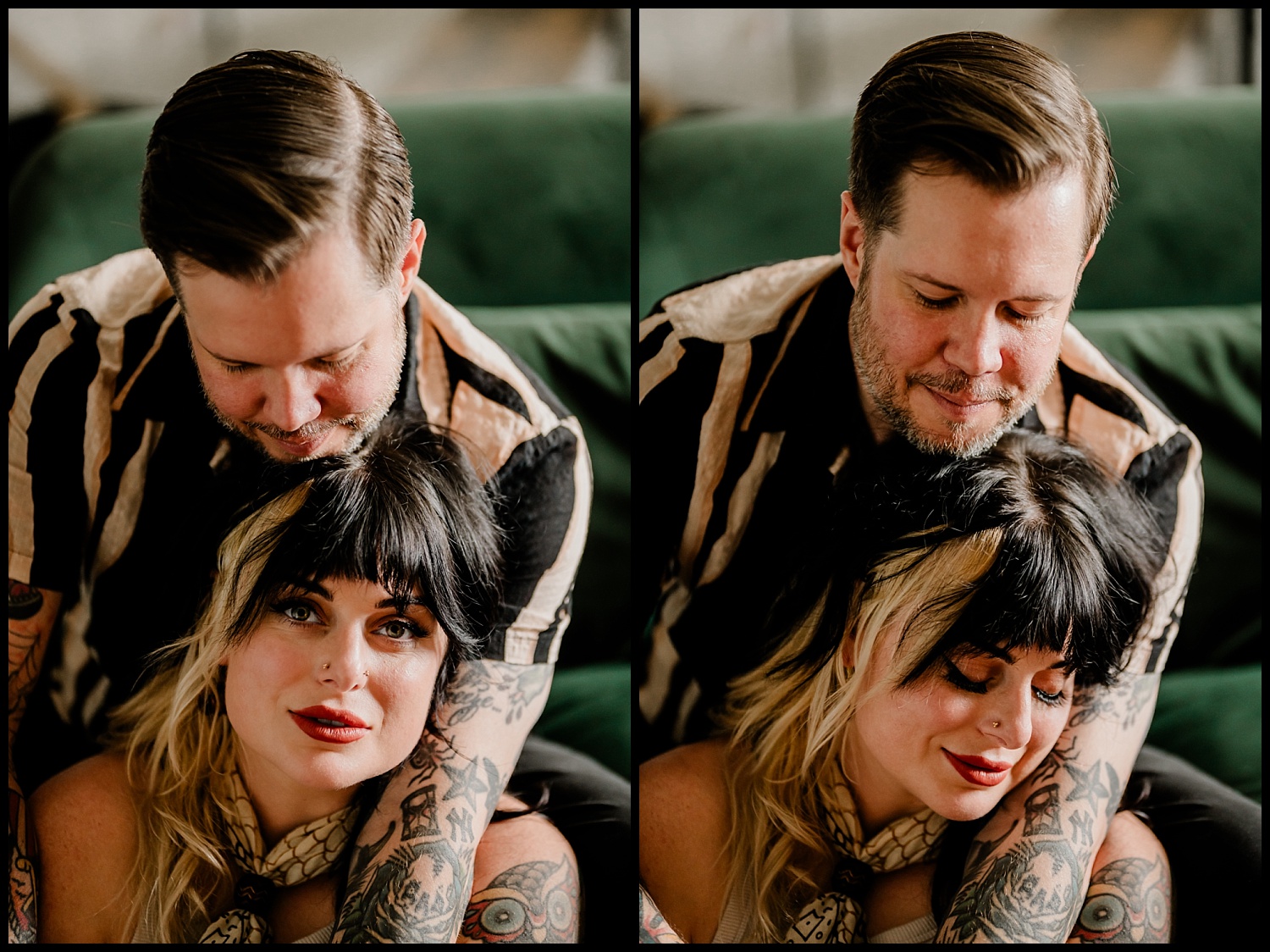 A man with tattoos gently embraces a woman with black and blonde hair during their couples session. In the first frame, she looks at the camera; in the second, she closes her eyes and smiles contentedly while he rests his head near hers.