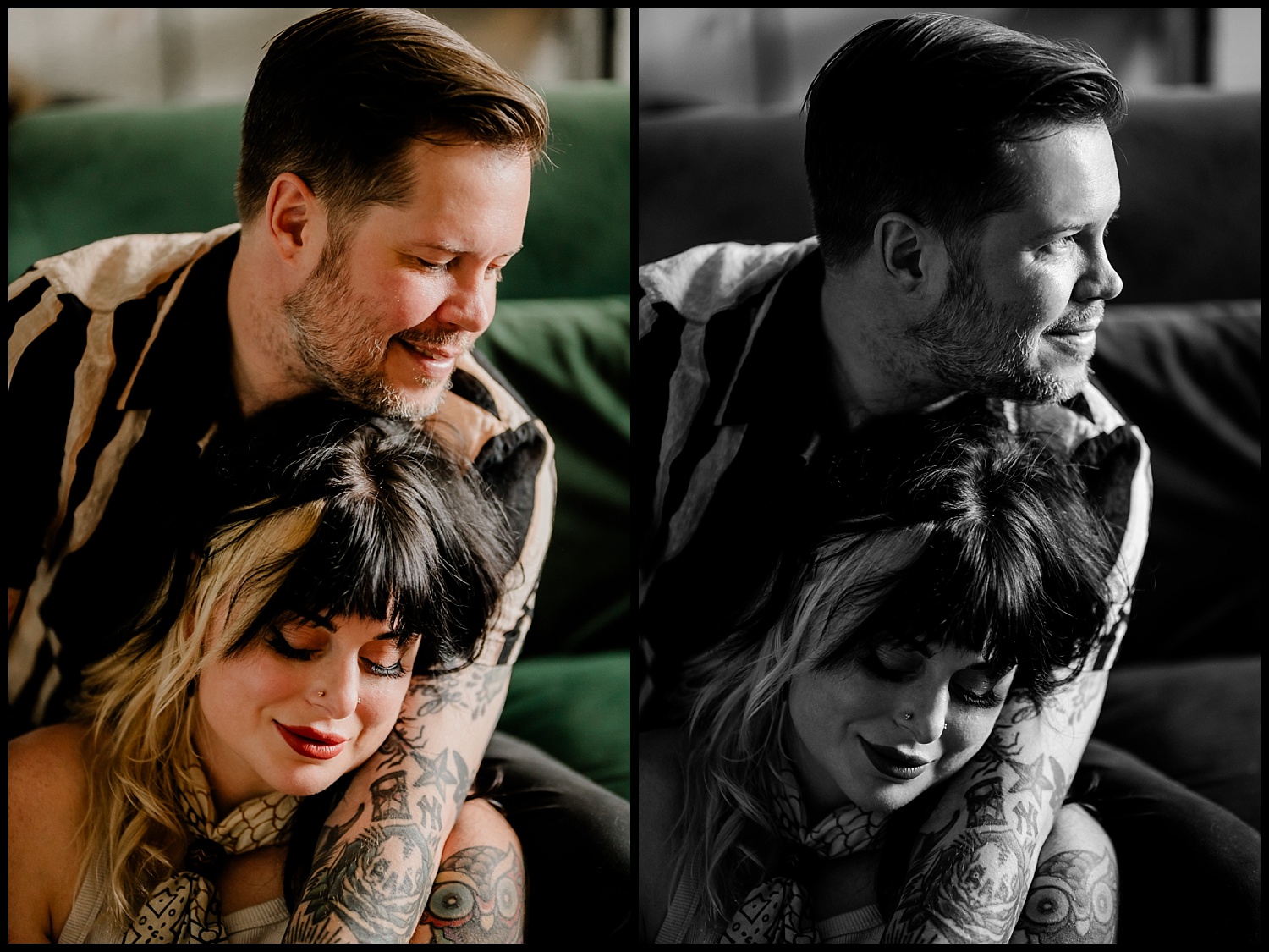 Side-by-side color and black-and-white photos of a tattooed man hugging a woman from behind as they both smile gently, sitting together on a sofa during their Couples Session. The woman has dark and blonde hair, and both look content and relaxed.