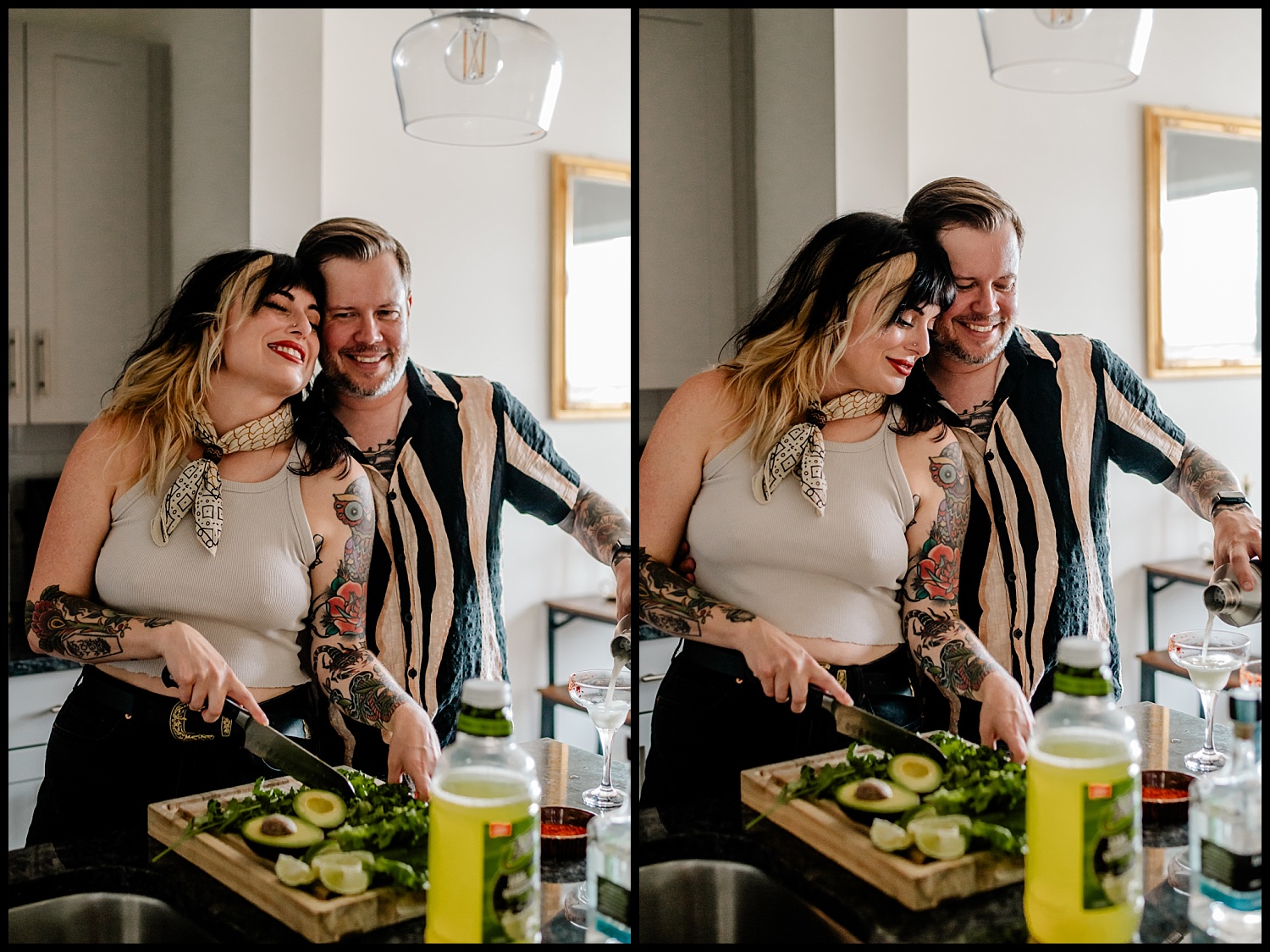 A smiling couple prepares food together in a kitchen during their Nashville in-home photography couples session. The woman slices vegetables while the man stands beside her, pouring a drink. Avocados, greens, and oil are visible on the counter.