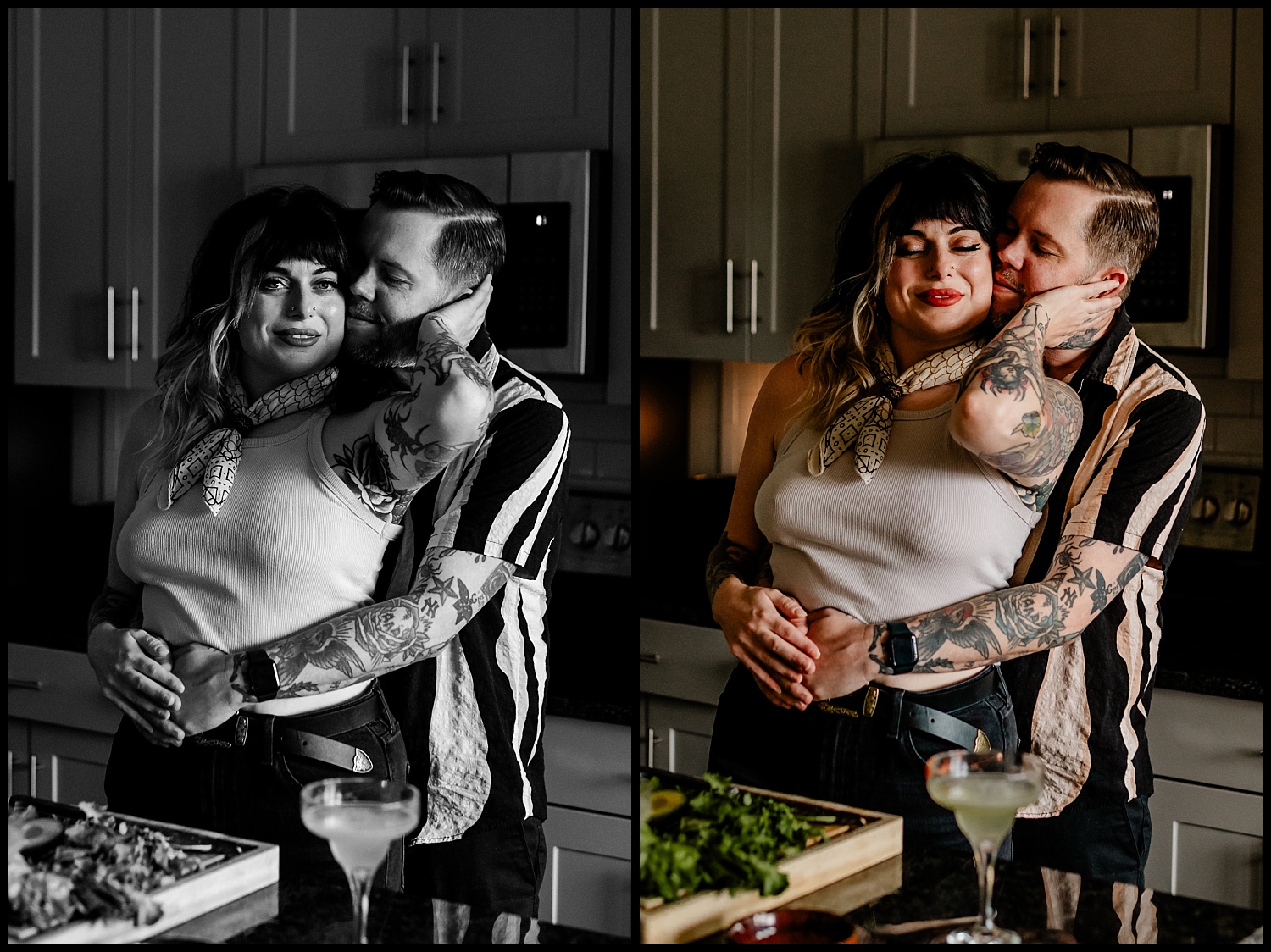 A couple stands in a kitchen, sharing a warm embrace during their Nashville couples session. The left half of the image is in black and white, the right in color, with cocktails and greens on the counter nearby.