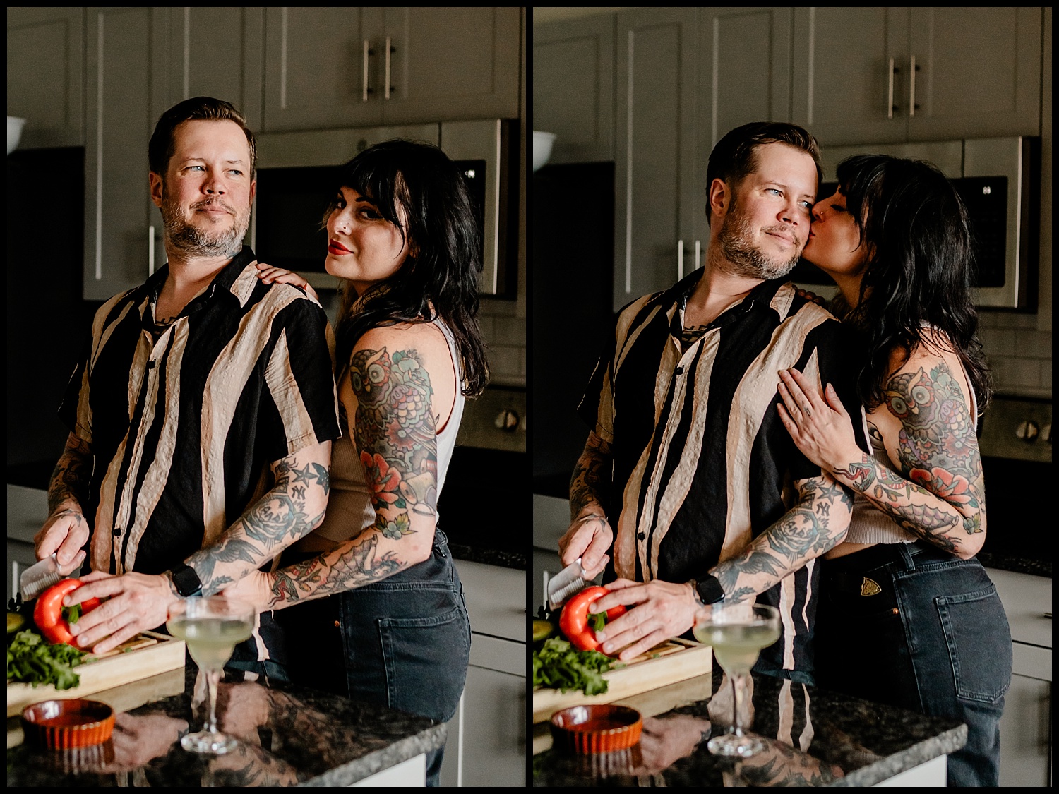 A man and woman with tattoos stand in a kitchen during a cozy couples session. He slices a red bell pepper, prepping for tacos, while she hugs him from behind, smiling. In the second image, she kisses his cheek; tequila sits on the counter.