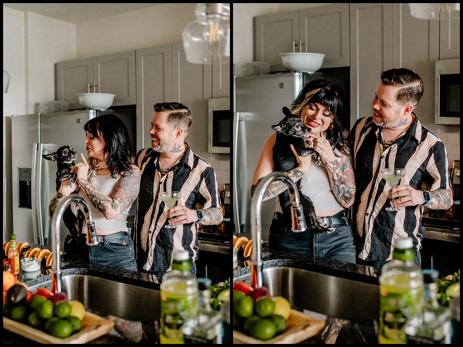 A couple stands in a modern kitchen, smiling and holding a small black dog during their In-Home Couples Session. Fresh fruits, drinks, and maybe even tacos or tequila add to the cozy vibe on the counter in front of them.