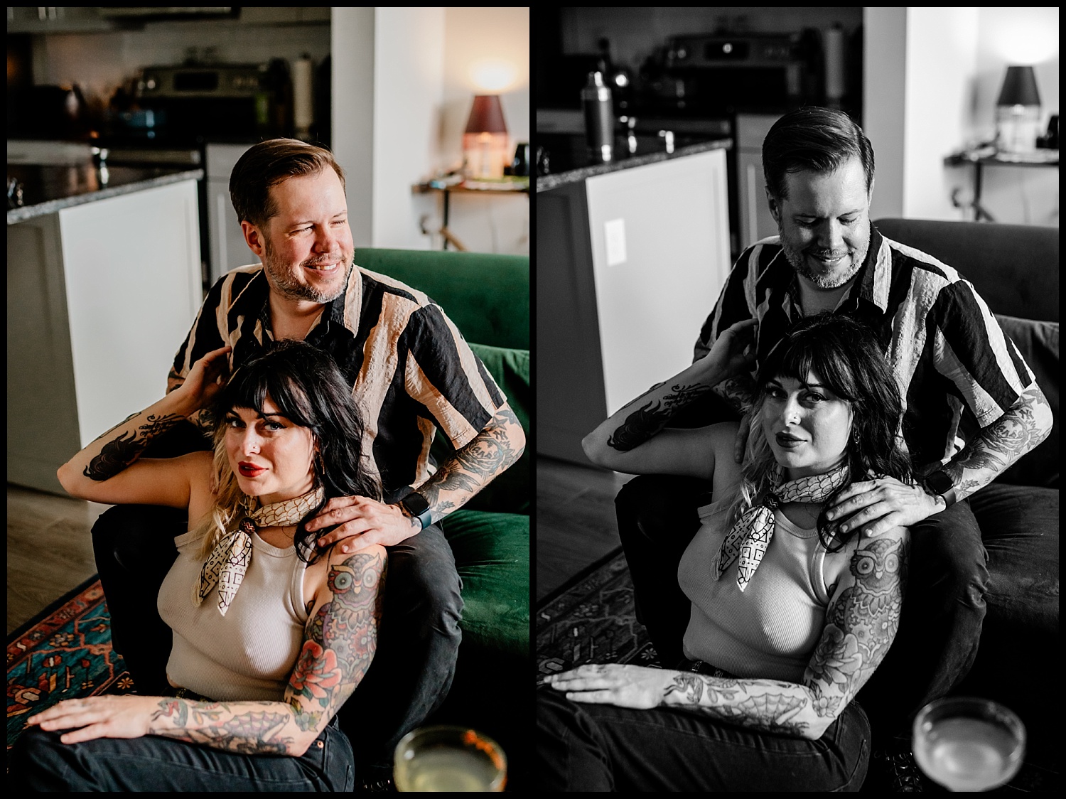 Two versions of the same photo from a Nashville in-home couples session: a man sits on a green couch with his hands on a woman’s shoulders as she sits on the floor. The left image is in color, the right is black and white.