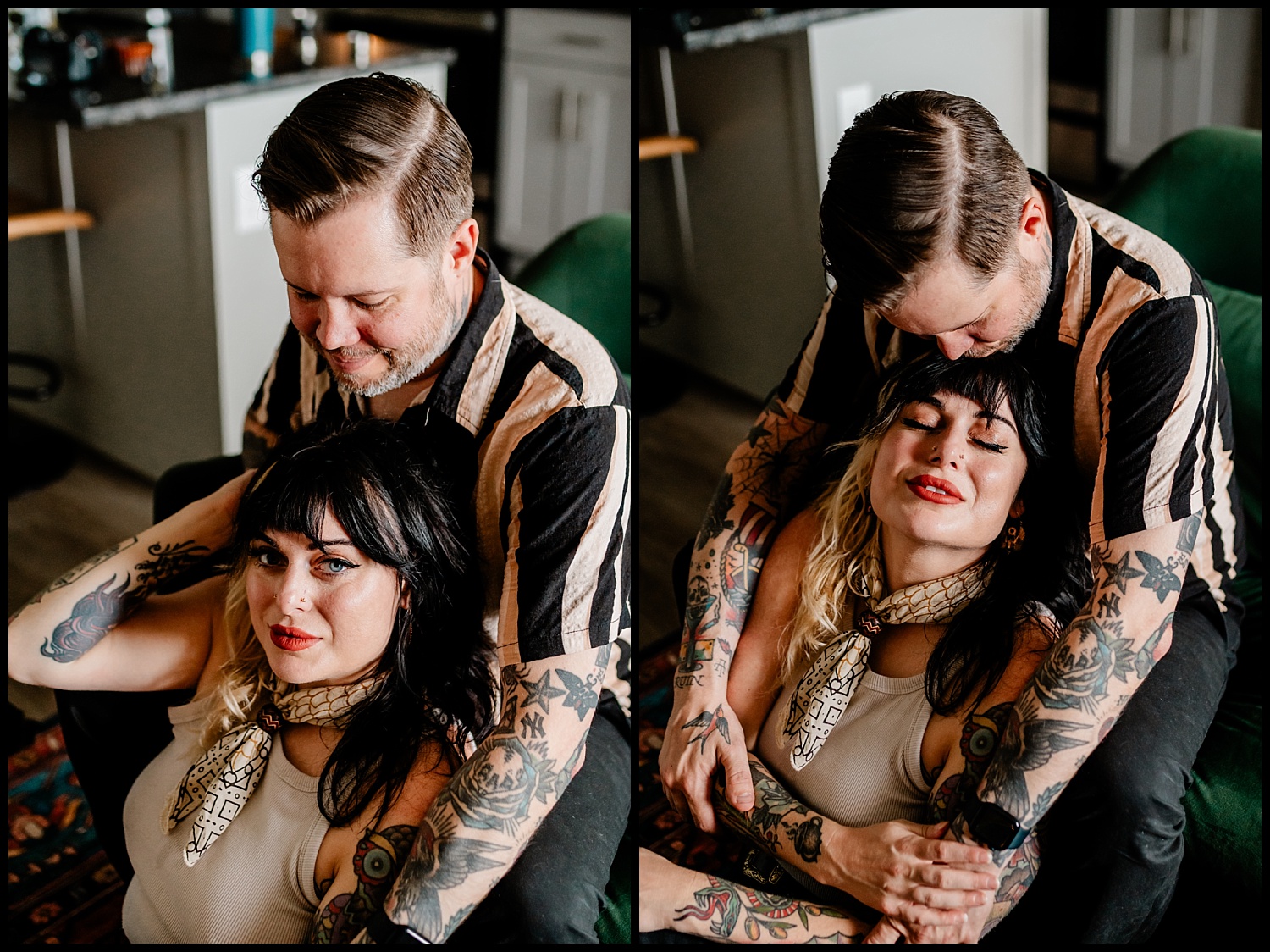 Two side-by-side photos from an intimate In-Home Couples Session in Nashville show a tattooed couple sitting close indoors; the man embraces the woman from behind as she leans back with a relaxed, affectionate smile. Both appear content and deeply connected.