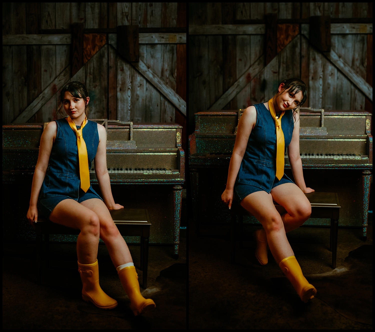 Side-by-side photos of a person in a sleeveless blue romper, yellow rain boots, and a yellow tie, sitting on a bench in front of a piano with a wooden barn wall—evoking Wes Anderson vibes—in Nashville.