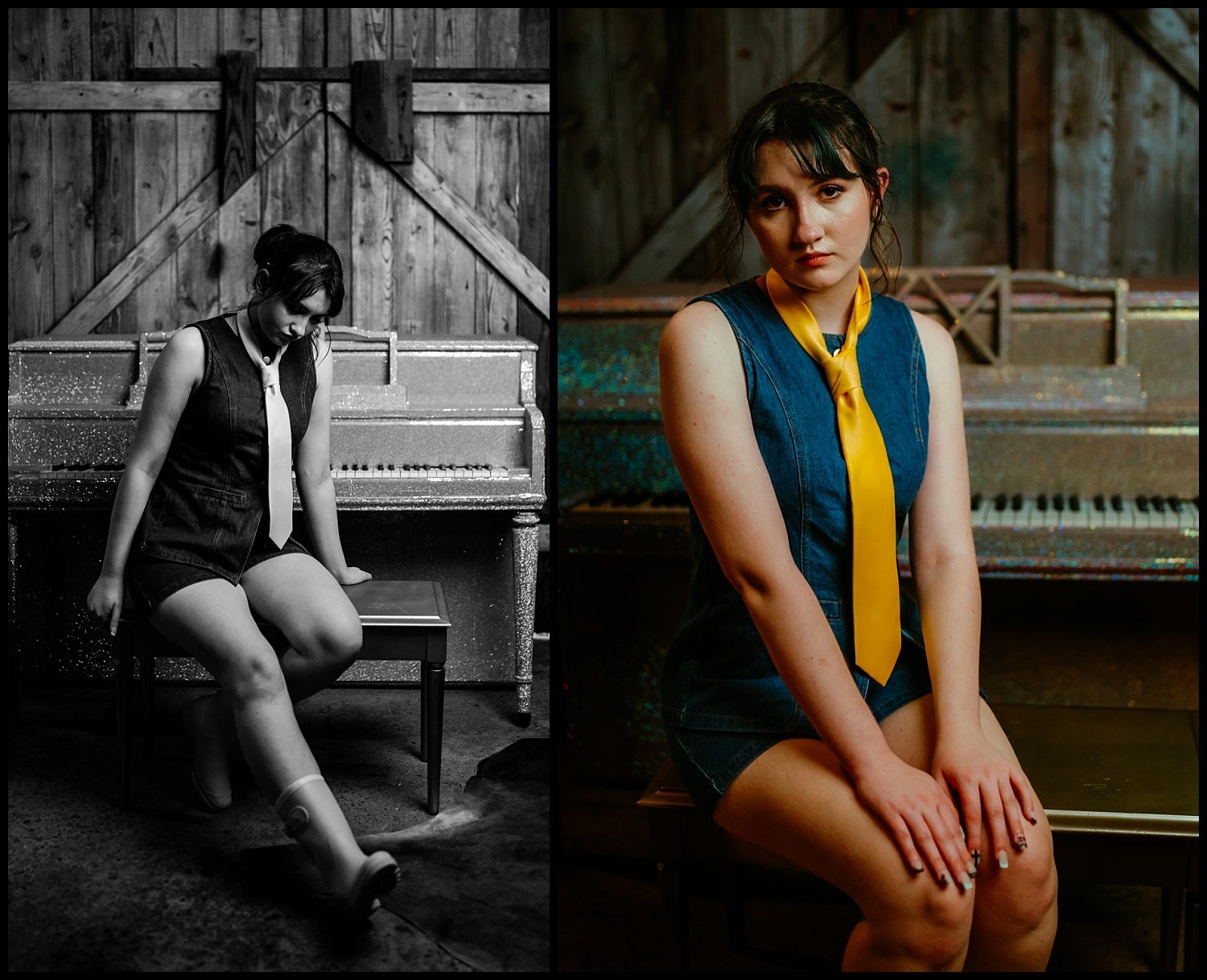 A woman wearing a denim dress and yellow tie sits on a piano bench in front of a rustic, weathered piano—a scene straight out of Wes Anderson. One image is black and white with her looking down, the other in color with her facing forward.