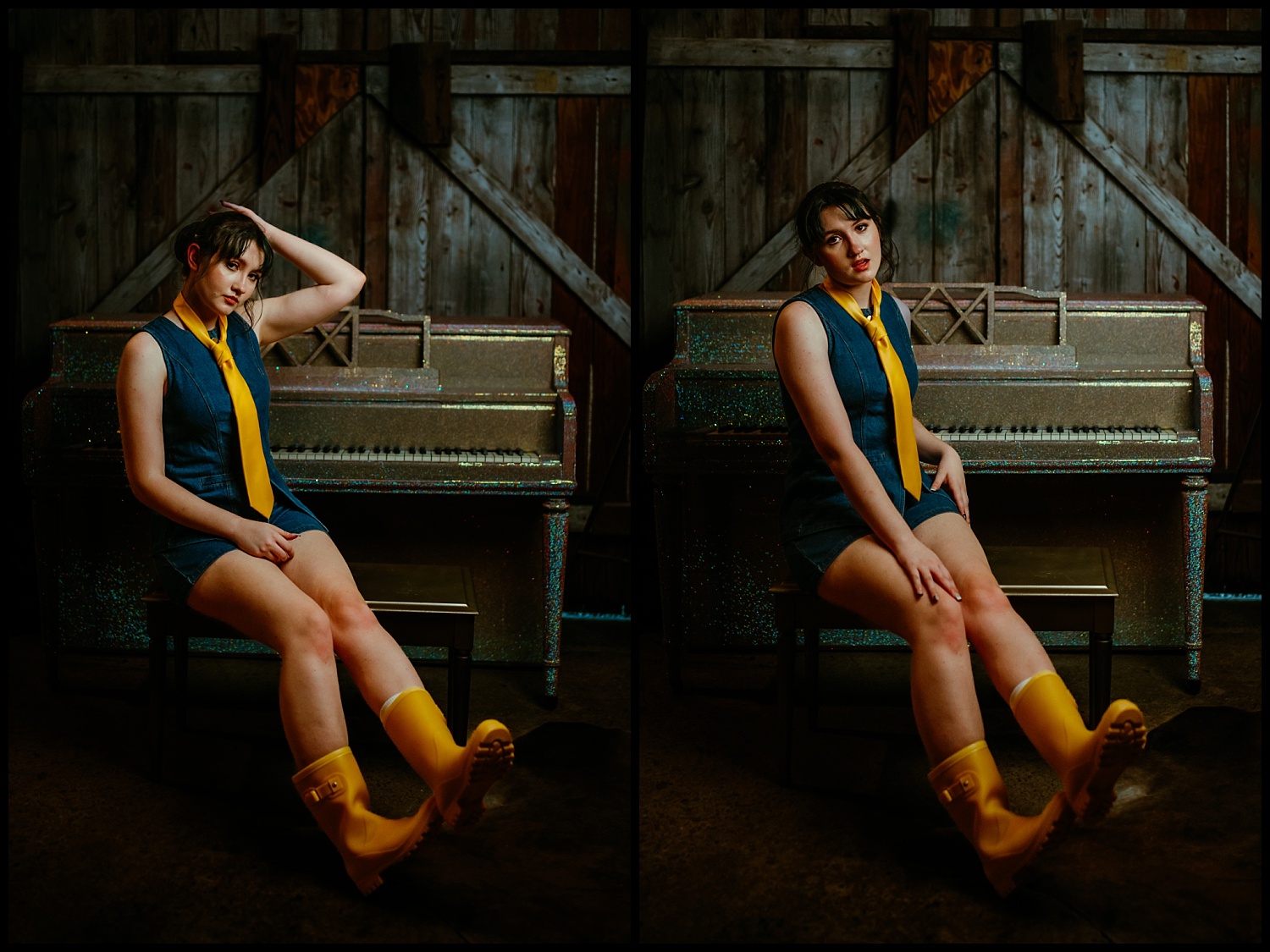 A woman in a blue outfit, yellow tie, and yellow rain boots sits on a stool in front of a glittery piano, striking Wes Anderson-inspired poses with one hand on her head in one image and both hands on her lap in the other.