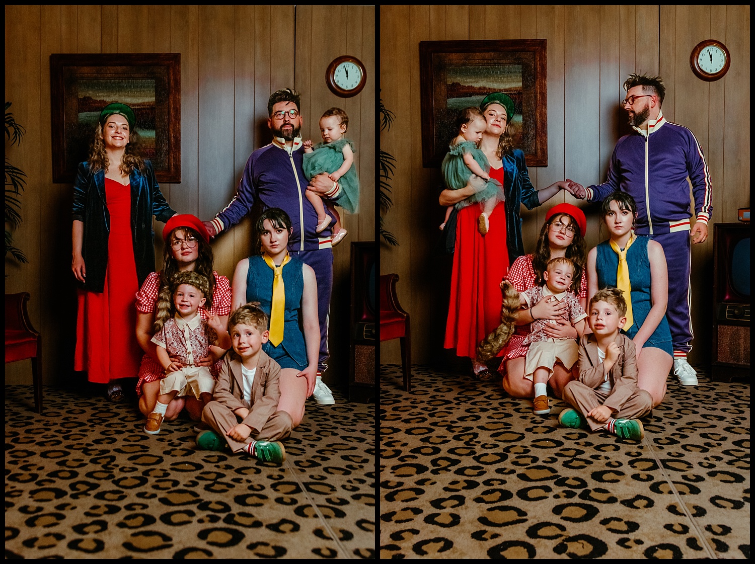 Two side-by-side photos capture a Wes Anderson-inspired family portrait: six people—three adults and three children—pose indoors on a patterned carpet before wood-paneled walls and a clock, subtly shifting positions between shots.