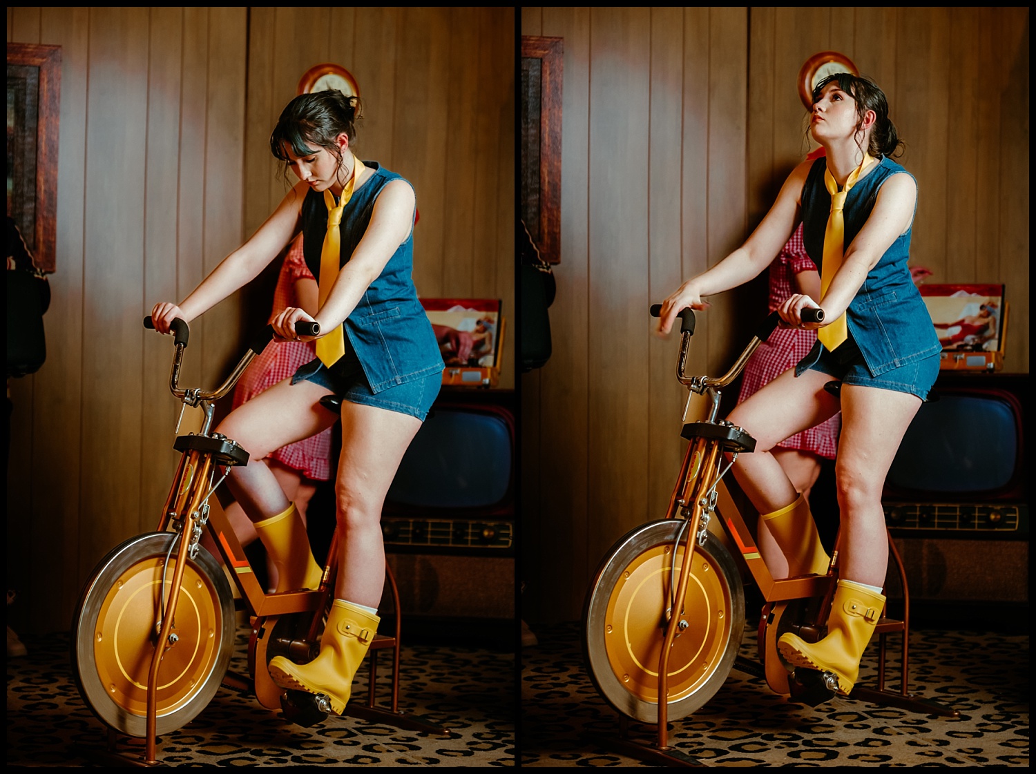 Two side-by-side photos, styled like a Wes Anderson scene, show a woman in a denim vest, yellow tie, and boots sitting on a stationary exercise bike indoors as another person behind her assists, creating quirky family portraits.