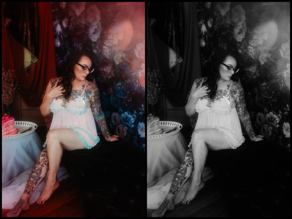 A tattooed woman in glasses and sheer lingerie poses on a bench in a floral Nashville Studio. The left side is in color, the right black and white. She sits with one leg crossed, looking to the side—perfect for a Birthday Boudoir Session.