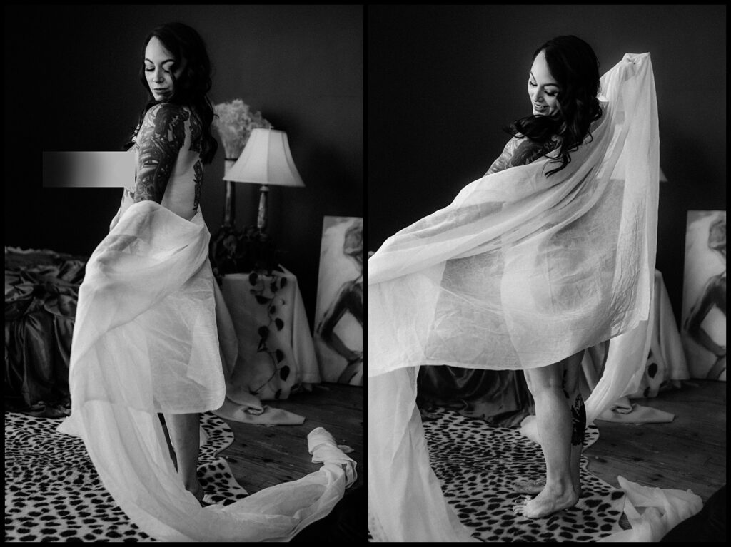 Black and white diptych of a woman with tattoos, wrapped in sheer white fabric, standing on a leopard-print rug in a dimly lit Nashville Studio during a Birthday Boudoir Session, with art and a lamp in the background.