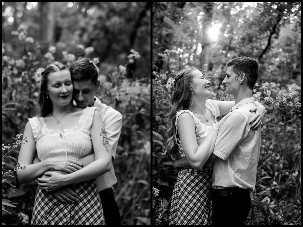 Black and white diptych of a couple in a forest during their romantic Nashville engagement session. In the left image, they embrace intimately; on the right, they face each other, smiling and laughing among tall plants and trees.