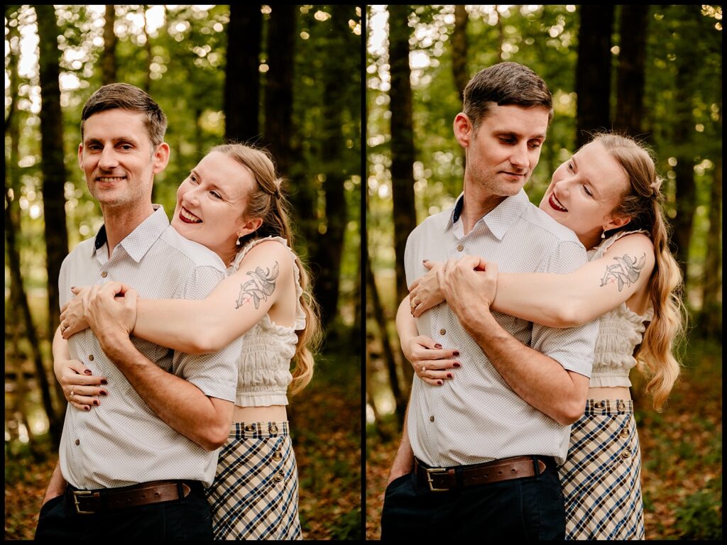 A smiling couple stands in a wooded area during golden hour. The woman, with long blonde hair and a tattoo on her arm, hugs the man from behind; both look happy. In one image, they look at the camera, in the other, at each other.