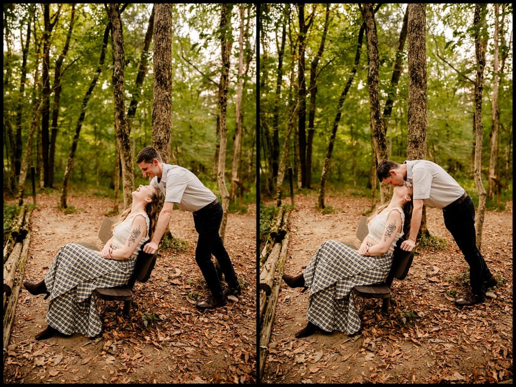 A man leans over a woman sitting on a bench in a wooded area during golden hour; they look at each other and smile affectionately. The scene is shown twice, side by side, with minor variations—an ideal Nashville engagement session moment.