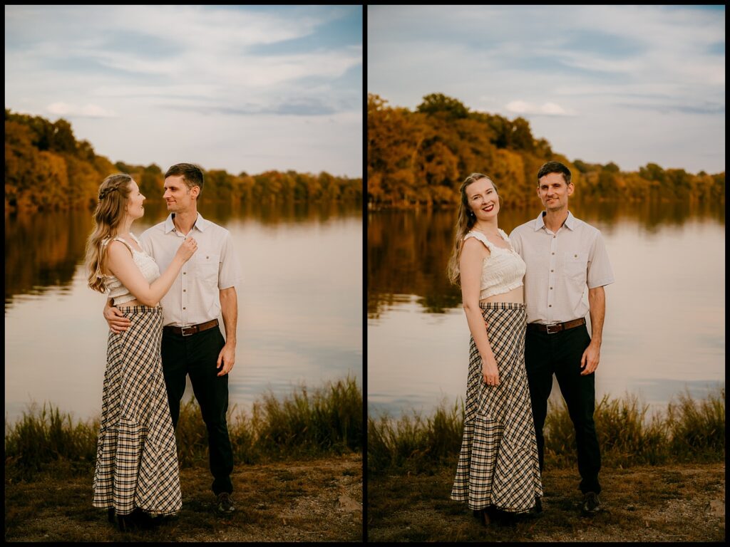Side-by-side photos of a smiling couple by a calm lake at golden hour near Nashville. The woman wears a white top and checkered skirt; the man, a light button-up shirt and dark pants—capturing their engagement session surrounded by trees.