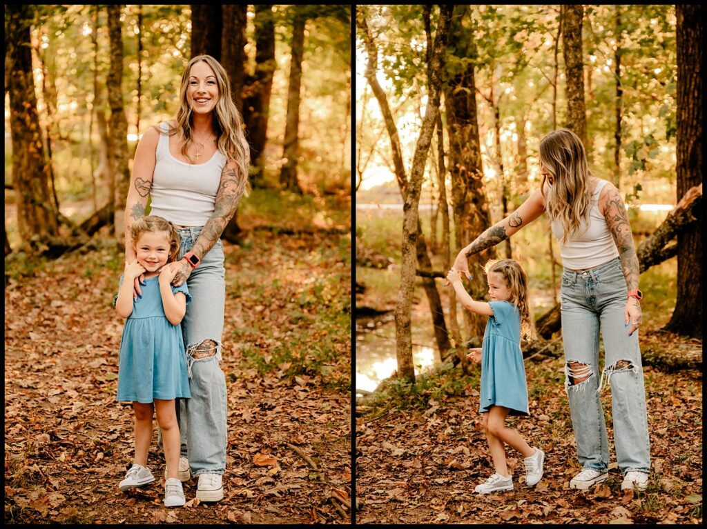 Two photos show a smiling woman in a white tank top and ripped jeans with a young girl in a blue dress. Captured by a Nashville Family Photographer during one of their Together Sessions, they hold hands and play on a sunlit, leaf-covered forest path.